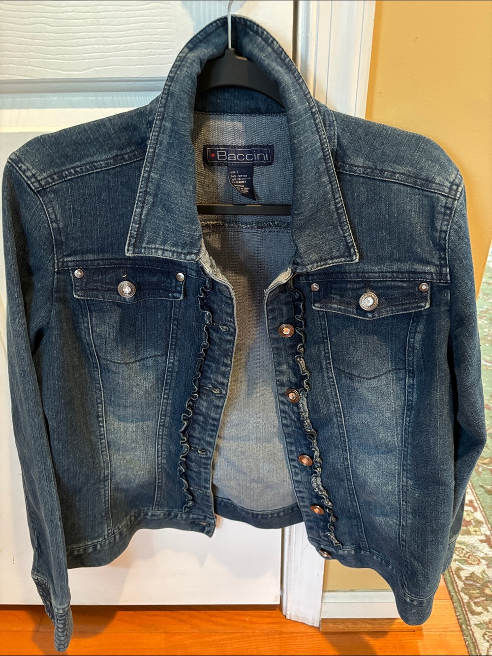 Baccini Women's Blue Denim Jacket with Ruffle Trim, Size Large